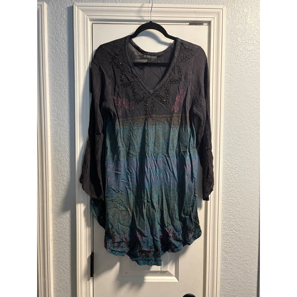 Greater Good Tunic L/XL Purple Teal Ombre Beaded Dragonfly Boho Bell Sleeve